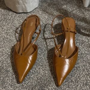 Zara Brown Pointed Leather Slingback Flats